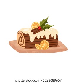 Yule Log Christmas dessert cake icon. Traditional french roulade decorated with chocolate cream, whipped frosting, icing and Xmas holly berries. Isolated vector illustration 