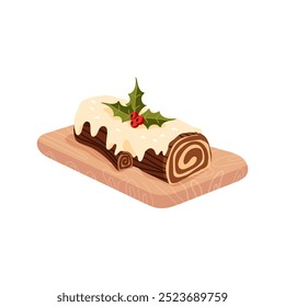 Ícone do bolo de sobremesa de Natal do Yule Log. Tradicional roulade francesa decorado com creme de chocolate, glacê chicoteado, glacê e frutas de Natal holly. Ilustração isolada de vetor 