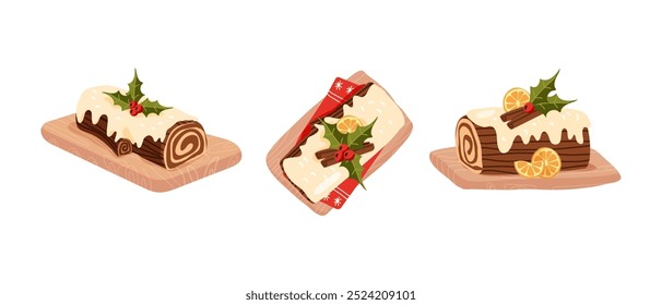 Yule Log Christmas dessert cake icon. Traditional french roulade decorated with chocolate cream, whipped frosting, icing and Xmas holly berries. Isolated vector illustration 