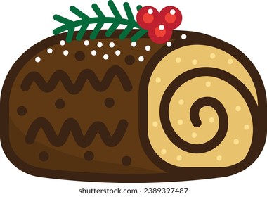 Yule log, bûche de noël traditional Christmas cake. Colorful vector food icon.