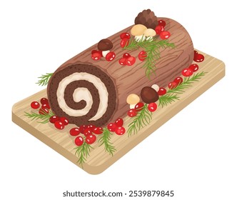 Yule Log Rollkuchen Weihnachtsessen. Traditionelle französische Rolle in Form von Baumstamm, verziert mit Schokoladenfrost, Preiselbeere, süße Pilze. Handgezeichnete Vektorgrafik von Urlaubsdessertessen.