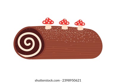 Yule log traditional Christmas cake with mushrooms decoration. Buche de noel dessert. Chocolate roll with cream