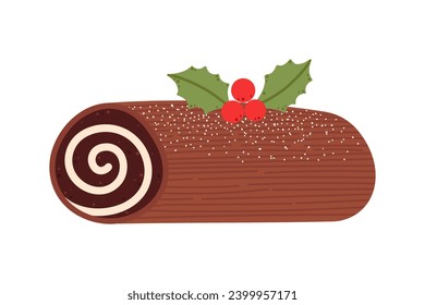 Yule log traditioneller Weihnachtskuchen mit heiliger, gewöhnlicher Pflanzendekoration. Buche de noel dessert. Schokoladenrolle mit Sahne