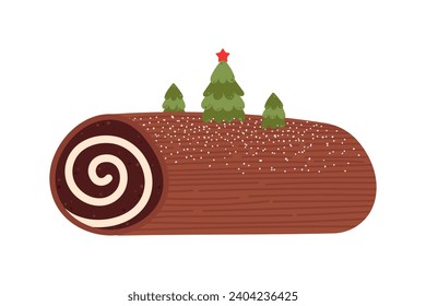 Yule log traditional Christmas cake with christmas tree decoration. Buche de noel dessert. Chocolate roll with cream