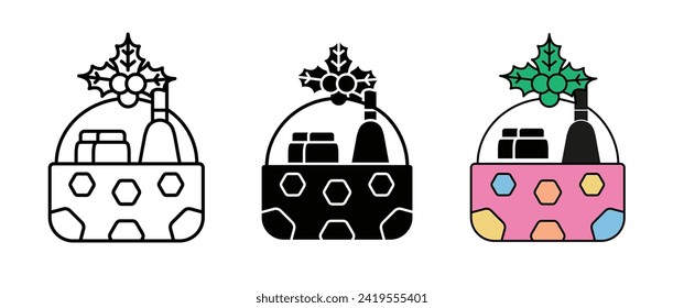 Yuletide Basket Line Icon. Festive Gift Hamper Icon in Black and White Color.