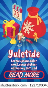 Yuletide concept banner. Isometric banner of yuletide comics vector concept for web, giftcard and postcard