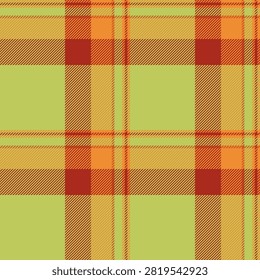 Yuletide texture seamless fabric, flannel pattern plaid tartan. 1940s textile vector check background in lime and orange colors palette.