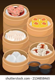 Yum Cha, Group Of Dim Sum And Streamed Food In Bamboo Basket, Cantonese Food Vector