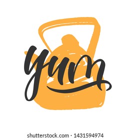 Yum cooking lettering. Hand drawn vector. Composition for badges, labels, logo, bakery, street festival, farmers market, country fair, shop, kitchen classes, cafe, food studio, stories, posts