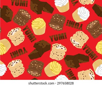Yum Dessert Seamless Pattern With Tossed Cookies Brownies and Cupcakes