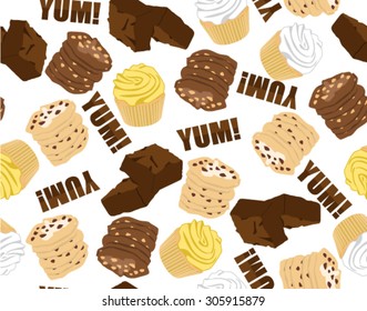 Yum Dessert Seamless Pattern With Tossed Cookies Brownies and Cupcakes