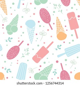 Yum ice cream and sprinkles seamless pattern. Great for yummy summer dessert wallpaper, backgrounds, packaging, fabric, scrapbooking, and giftwrap projects. Surface pattern design.