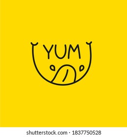 Yum Icon With Smile, Tongue And Saliva. Abstract Logo Line, Symbol Of Delicious Food. Licking Yum-yum Doodle