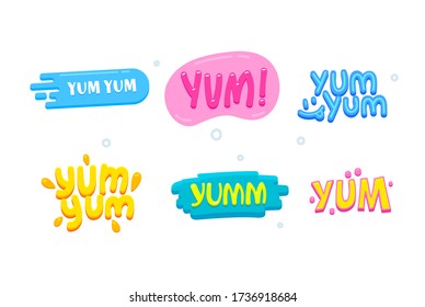 Yum Yum Icons Set. Creative Banners with Colorful Typography and Design Elements. Text Composition Isolated on White Background. Tags for Cafe, Restaurant Menu, Web, Social Media. Vector Illustration