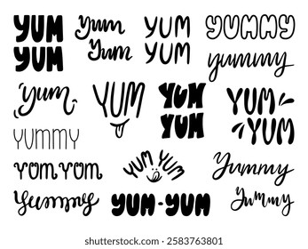 Yum yum lettering. Black yum tasting hand drawn text. Doodle tasty words and inscription for delicious food banners, stickers design, neoteric vector set