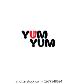 Yum Yum logo text. Cartoon hand drawn calligraphy style. Design doodle for print. Vector illustration.