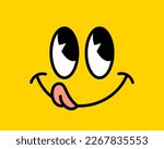 Yum yum smile emoji label with tongue lick mouth. Trendy Printable graphic tee. Yummy Design doodle face for print. Vector illustration. Colorful. Retro cartoon style. Yellow Black and white