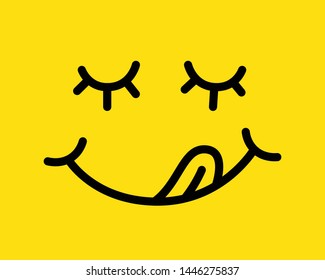 Yum yum smile emoji line icon with tongue lick mouth. Printable graphic tee. Yummy Design doodle face for print. Vector illustration. Colorful. Cartoon style. Yellow Black and white