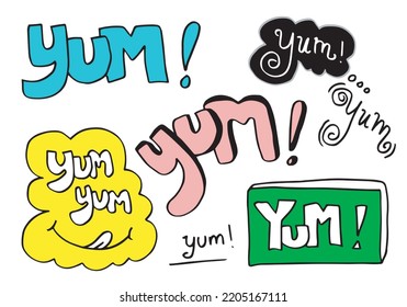 Texto de Yum Yum. Diseño de garabatos para imprimir. Ilustración vectorial. con un estilo de escritura a mano diferente y único