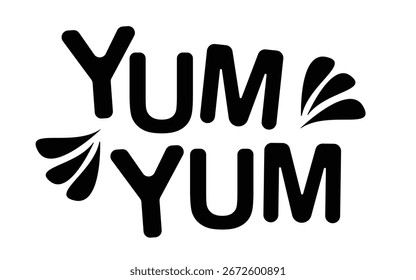 Yum Texto Yum. Só uma palavra. Camiseta Gráfica Imprimível. Design doodle para impressão. Ilustração vetorial. Colorido. Estilo de caligrafia desenhado à mão de desenho animado. Preto e branco. Ilustração de Vetor.