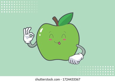 YUM, TONGUE, cheerful Face Emotion. Ok, Nice, Good Hand Gesture. Green Apple Cartoon Mascot Illustration.