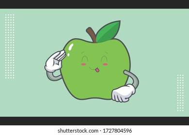 YUM, TONGUE, cheerful Face Emotion. Salute Hand Gesture. Green Apple Cartoon Mascot Illustration
