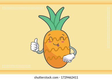 YUM, TONGUE, cheerful Face Emotion. Thumb Up Hand Gesture. Pineapple Fruit Cartoon Drawn Mascot Illustration.