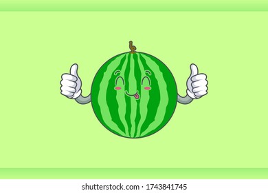 YUM, TONGUE, cheerful Face Emotion. Double Thumb Up Hand Gesture. Watermelon Fruit Cartoon Drawing Mascot Illustration.