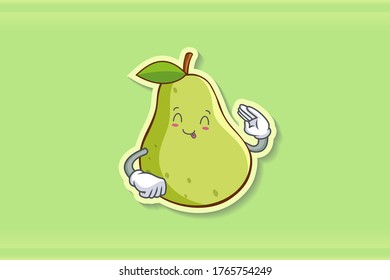 YUM, TONGUE, cheerful Face Emotion. Salute Hand Gesture. Green Pear Fruit Cartoon Drawing Mascot Illustration.