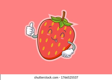 YUM, TONGUE, cheerful Face Emotion. Thumb Up Hand Gesture. Red Strawberry Fruit Cartoon Drawing Mascot Illustration.