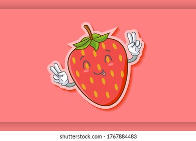 YUM, TONGUE, cheerful Face Emotion. Double Peace Hand Gesture. Red Strawberry Fruit Cartoon Drawing Mascot Illustration.