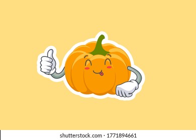 YUM, TONGUE, cheerful Face Emotion. Thumb Up Hand Gesture. Yellow, Orange Pumpkin Fruit Cartoon Drawing Mascot Illustration.