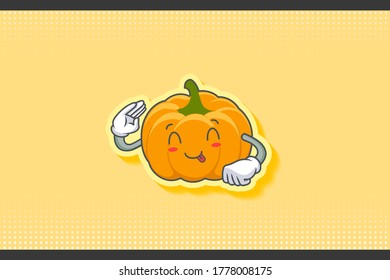 YUM, TONGUE, cheerful Face Emotion. Salute Hand Gesture. Yellow, Orange Pumpkin Fruit Cartoon Drawing Mascot Illustration.