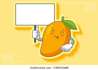 YUM, TONGUE, CHEERFUL Face Emotion. Holding Whiteboard Hand Gesture. Yellow Mango Fruit Cartoon Drawing Mascot Illustration.