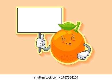 YUM, TONGUE, CHEERFUL Face Emotion. Holding Whiteboard Gesture. Orange, Citrus Fruit Cartoon Drawing Mascot Illustration.