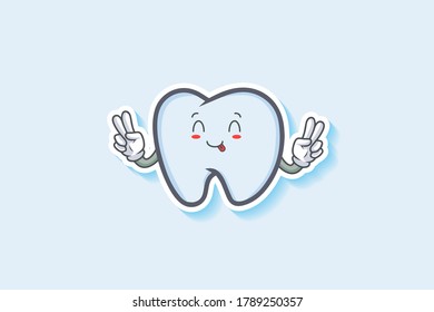 YUM, TONGUE, CHEERFUL Face Emotion. Double Peace Hand Gesture. Tooth Cartoon Drawing Mascot Illustration.