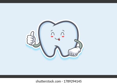 YUM, TONGUE, CHEERFUL Face Emotion. Thumb up Hand Gesture. Tooth Cartoon Drawing Mascot Illustration.