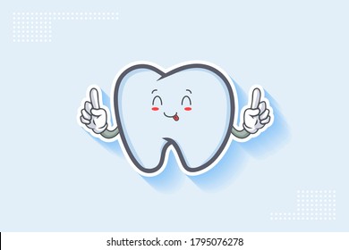 YUM, TONGUE, CHEERFUL Face Emotion. Double forefinger Hand Gesture. Tooth Cartoon Drawing Mascot Illustration.