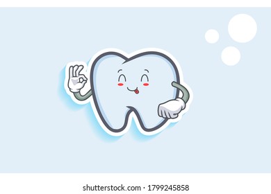 YUM, TONGUE, CHEERFUL Face Emotion. Nice Hand Gesture. Tooth Cartoon Drawing Mascot Illustration.