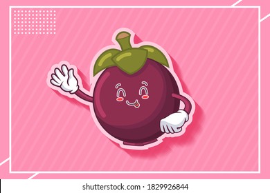 YUM, TONGUE, CHEERFUL Face Emotion. Waving Hand Gesture. Mangosteen Fruit Cartoon Drawing Mascot Illustration.