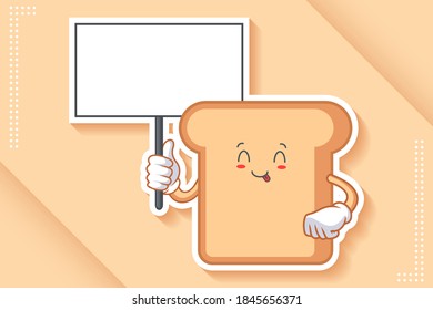 YUM, TONGUE, CHEERFUL Face Emotion. Holding Whiteboard Gesture. Bread Food Cartoon Drawing Mascot Illustration.