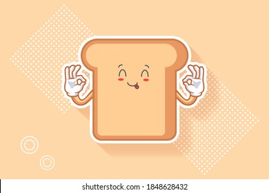 YUM, TONGUE, CHEERFUL Face Emotion. Nice Hand Gesture. Bread Food Cartoon Drawing Mascot Illustration.