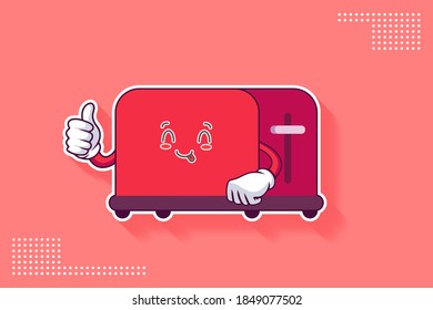 YUM, TONGUE, CHEERFUL Face Emotion. Thumb Up Finger Hand Gesture. Toaster Cartoon Drawing Mascot Illustration.