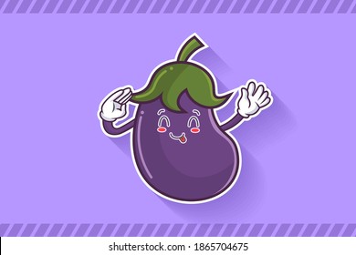 YUM, TONGUE, CHEERFUL Face Emotion. Salute, Respect Hand Gesture. Eggplant vegetable Cartoon Drawing Mascot Illustration.