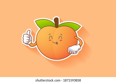 YUM, TONGUE, CHEERFUL Face Emotion. Thumb Up Finger Hand Gesture. Peach Fruit Cartoon Drawing Mascot Illustration.
