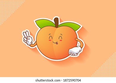 YUM, TONGUE, CHEERFUL Face Emotion. Peace Finger Hand Gesture. Peach Fruit Cartoon Drawing Mascot Illustration.