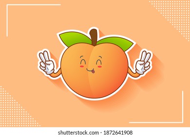 YUM, TONGUE, CHEERFUL Face Emotion. Double Peace Finger Hand Gesture. Peach Fruit Cartoon Drawing Mascot Illustration.