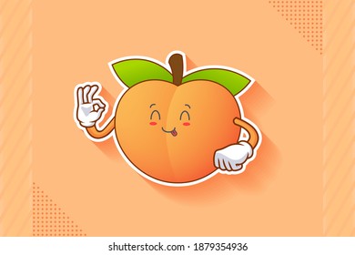 YUM, TONGUE, CHEERFUL Face Emotion. Nice Hand Gesture. Peach Fruit Cartoon Drawing Mascot Illustration.