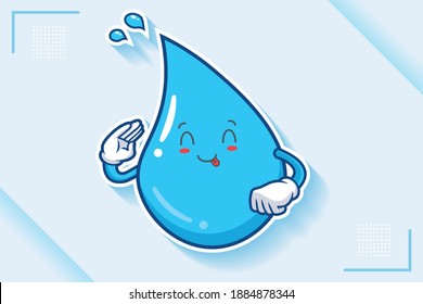 YUM, TONGUE, CHEERFUL Face Emotion. Salute, Respect Hand Gesture. Water Drop Cartoon Drawing Mascot Illustration.