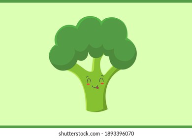 YUM, TONGUE, CHEERFUL Face Emotion. Broccoli Vegetable Cartoon Drawing Mascot Illustration.